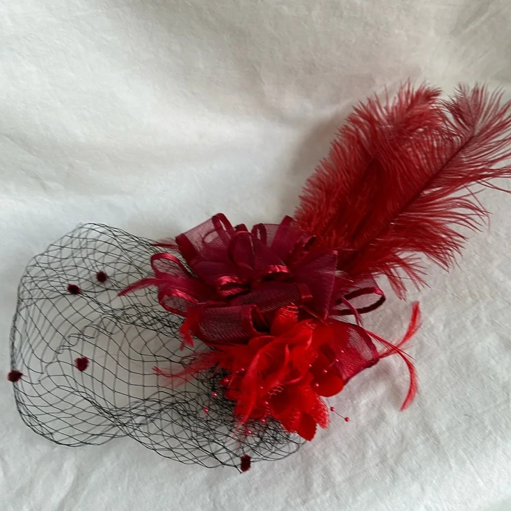 Large red feathers, ribbon, and netting fascinator
